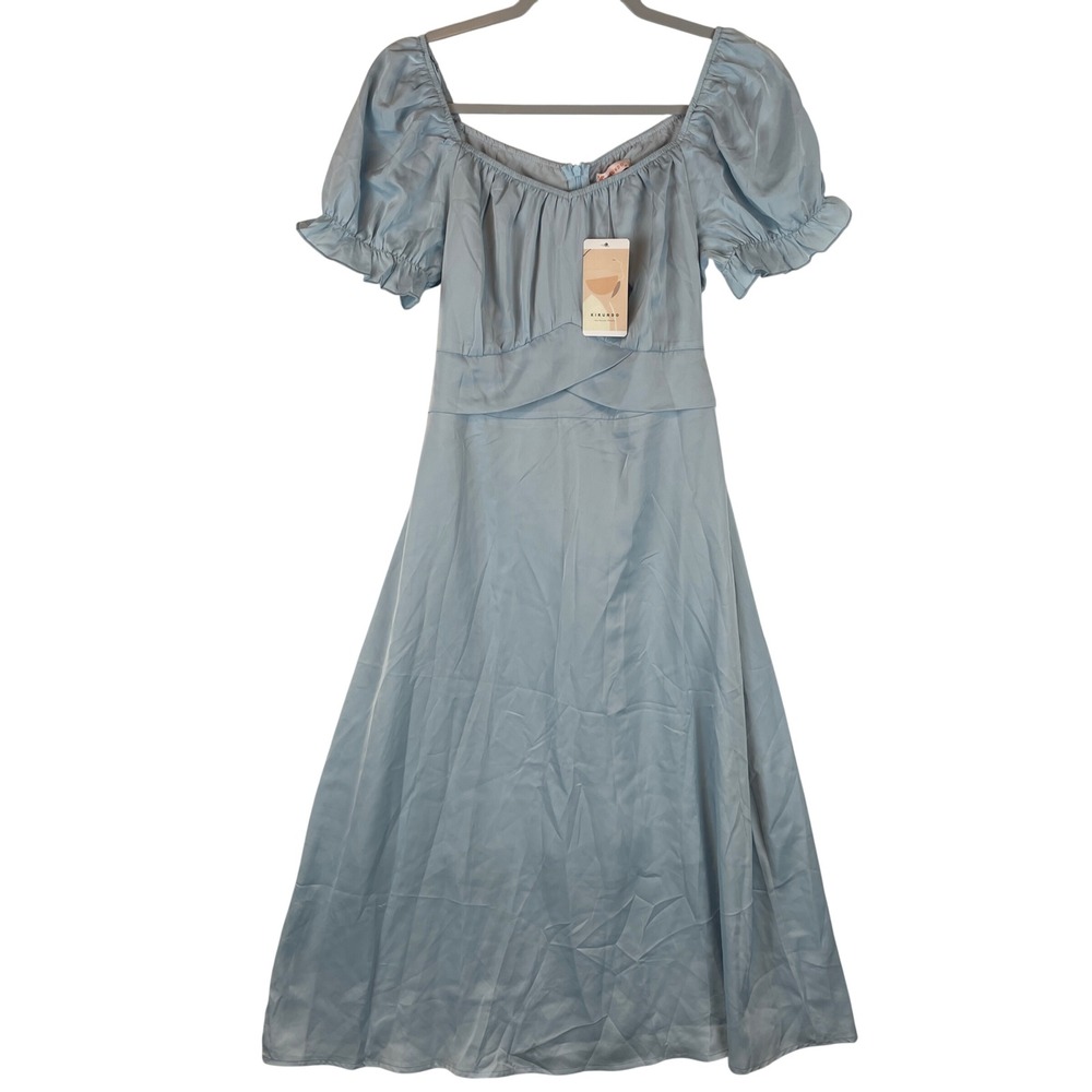 KIRUNDO‎ Women Light Blue Puff Sleeve Satin Midi Dress Sweetheart Neck 7204 M